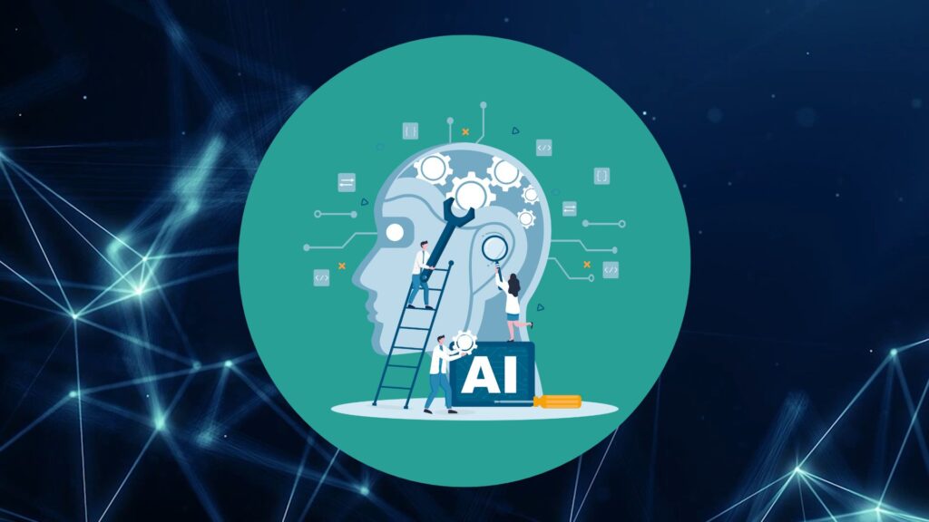 KIck Starter Illustration von Personen, die an einem stilisierten KI-Gehirn arbeiten, mit Werkzeugen und Symbolen für Programmierung und Technik, symbolisierend den KIckstarter-Kurs.