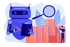 KI gestützte RAG-Anwendung zur Dokumentenverwaltung Illustration eines Roboters mit Klemmbrett und Stift, der symbolisch für eine KI-gestützte RAG-Anwendung steht. Im Hintergrund sind große Aktenordner, eine Lupe sowie eine Person mit Klemmbrett zu sehen – Darstellung einer automatisierten, KI-unterstützten Dokumentensuche und -verwaltung.