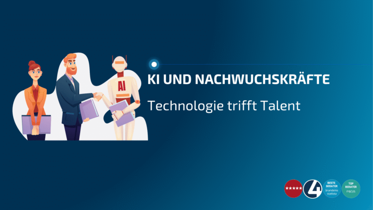 Illustration mit junger Frau, jungem Mann und humanoidem Roboter mit „AI“-Aufschrift, die symbolisch für den Schulterschluss zwischen Nachwuchskräften und künstlicher Intelligenz stehen. Der Mann gibt dem Roboter die Hand. Rechts daneben steht in großer Typografie: „KI und Nachwuchskräfte – Digital Transformation Insider mit Lukas & Simon“. Unten rechts Logos für Top-Beratungsauszeichnungen von 4-advice.