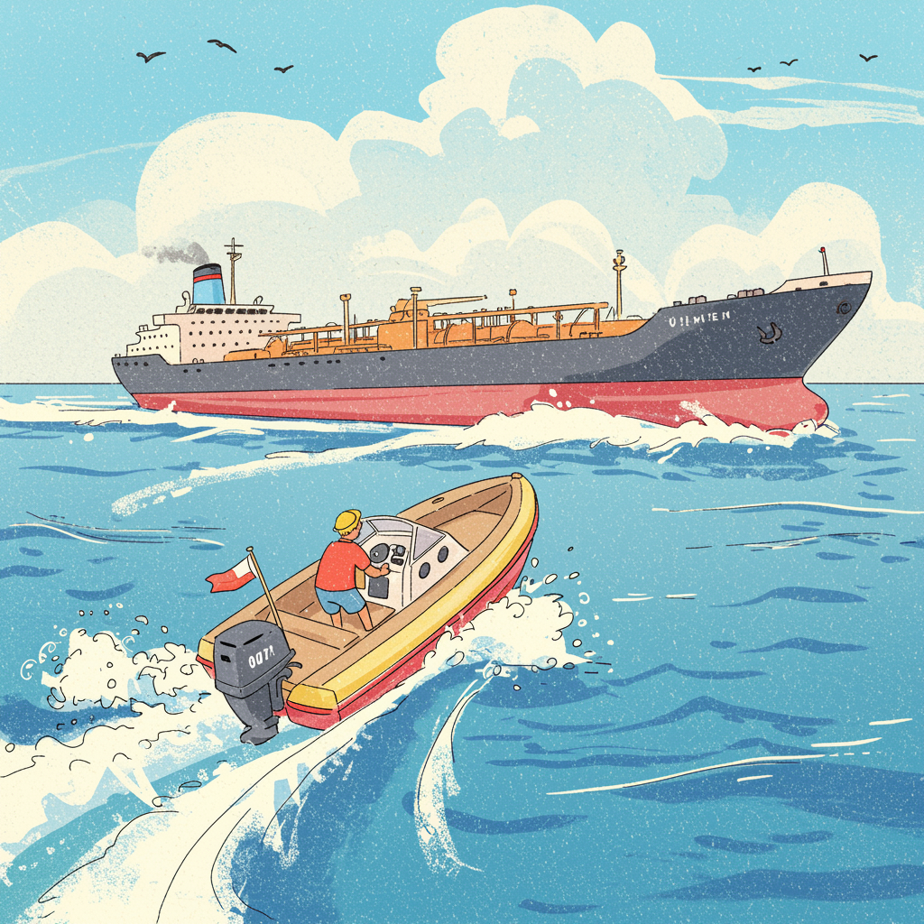 Illustration eines kleinen Motorboots mit einer einzelnen Person, das auf offenem Meer dicht an einem deutlich größeren Frachtschiff vorbeifährt und von dessen Bugwelle verdrängt wird – visuelle Metapher für das Machtungleichgewicht und das Recht des Stärkeren in der Plattformökonomie